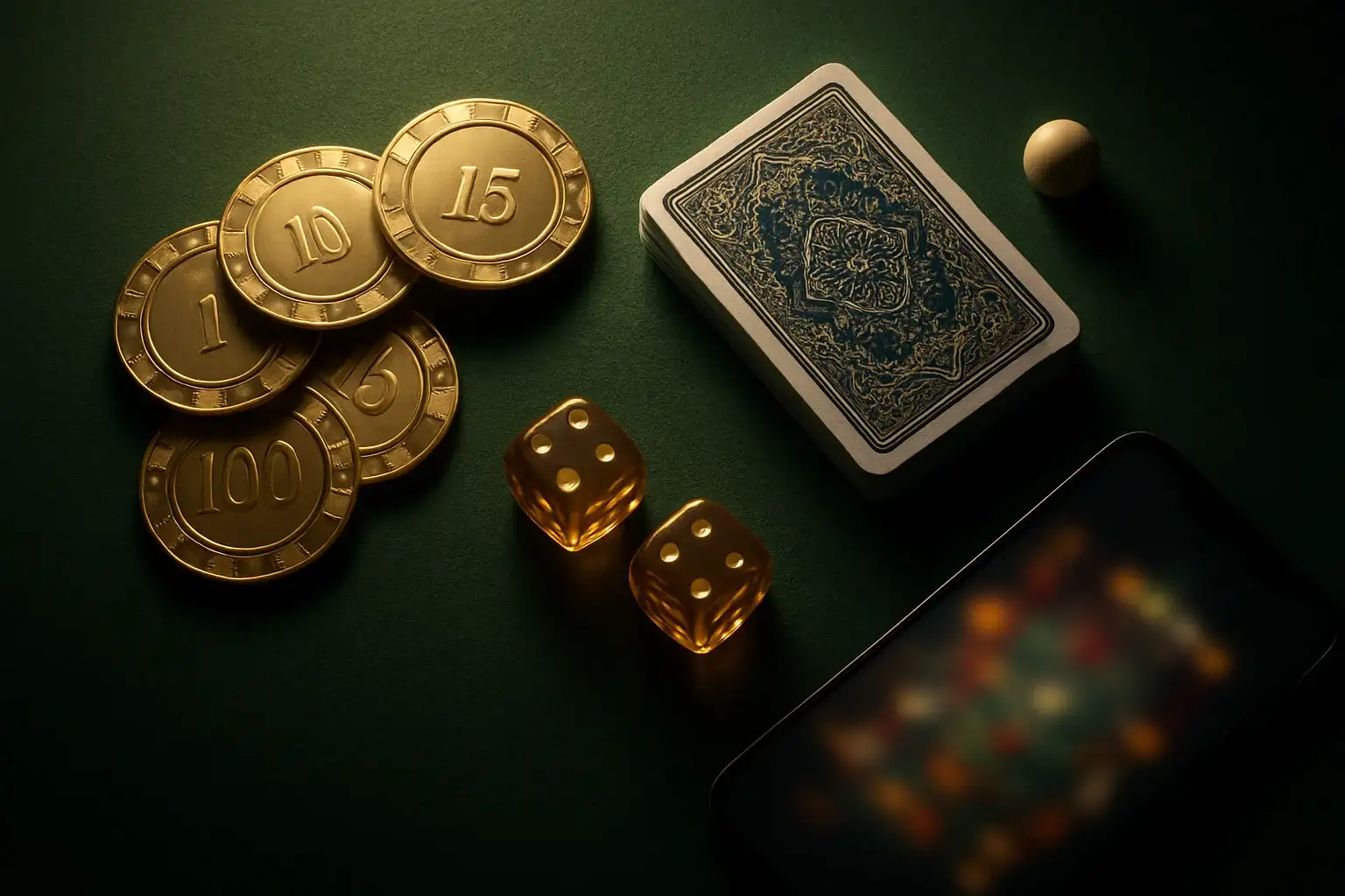 Top-down premium casino table with gold chips, cards, dice, roulette ball, smartphone